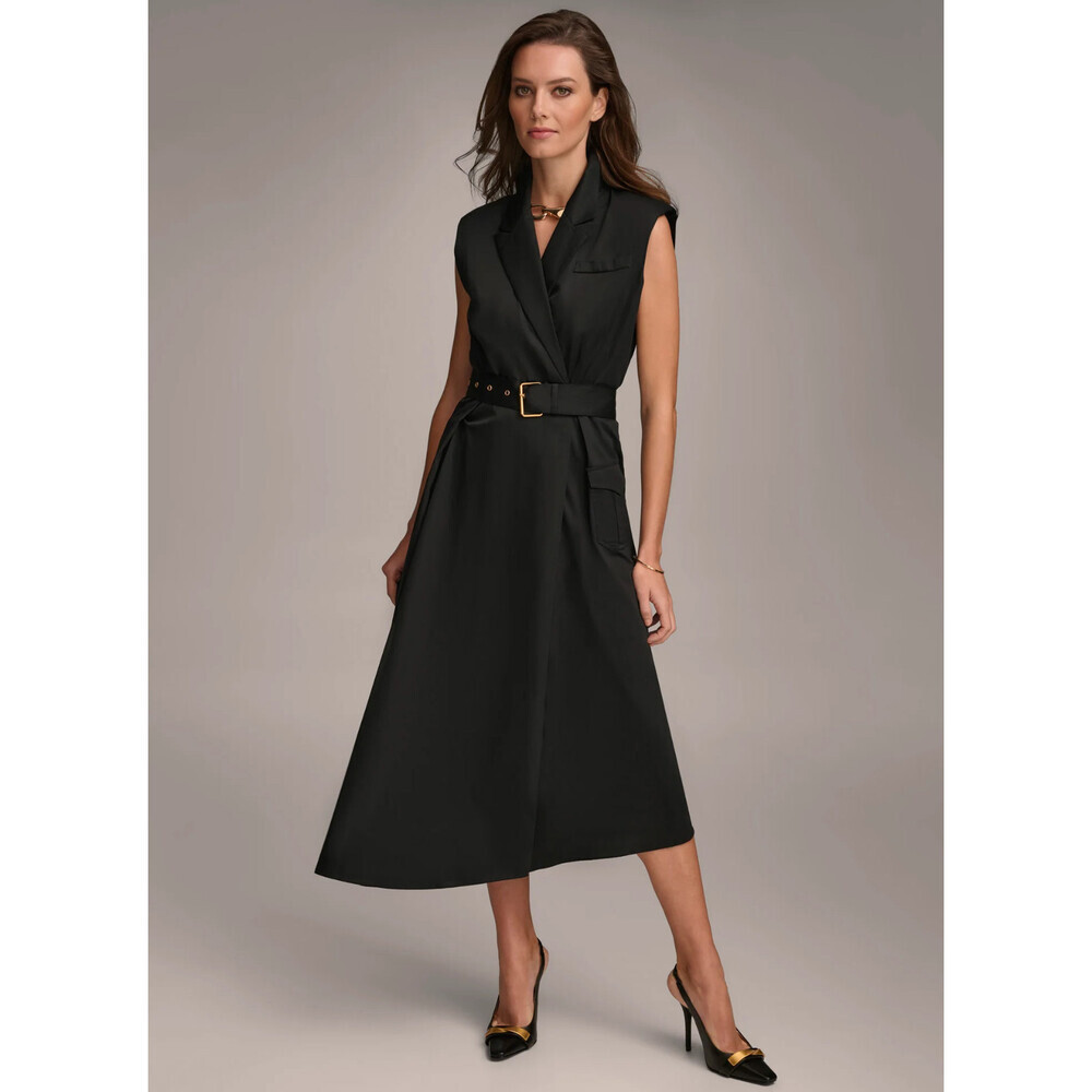 $230 Donna Karan Women's Asymmetric shirt Dress, black, size 2, shoulder pads